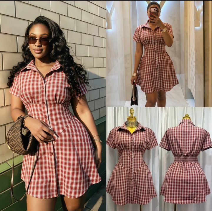 Woman wearing a red and white gingham button-up shirt dress from Fazzy Fashion & Designs
